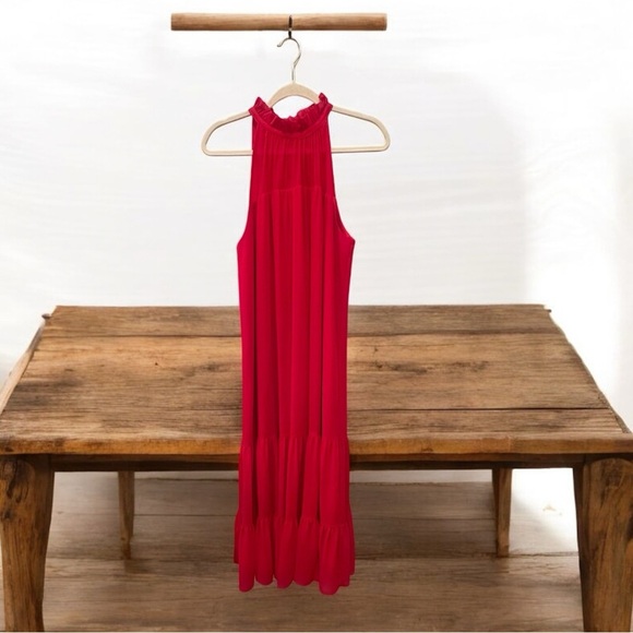 Alex Marie Vibrant Red Halter Maxi Dress Back Tie Ruffles Christmas Event Sz 8 - Picture 2 of 10